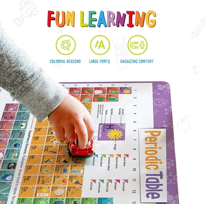 merka Periodic Table of Elements Placemat Set - 17 x 11 in, Multicolor, 4-Pack - Washable Silicone Learning Placemats for Kids Educational Dining & Kitchen Use - Includes US Map & President Info