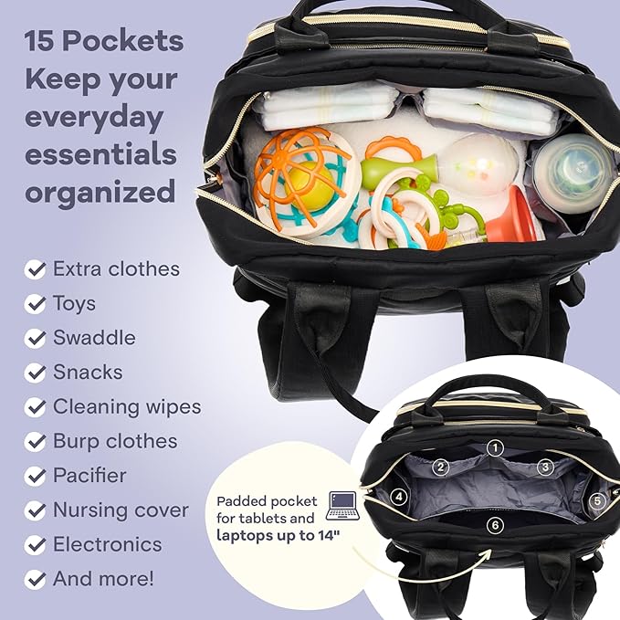 RUVALINO Diaper Bag Backpack, Multifunction Travel Pack Maternity Baby Changing Bags, Large Capacity, Waterproof, Deep Black, Polyester