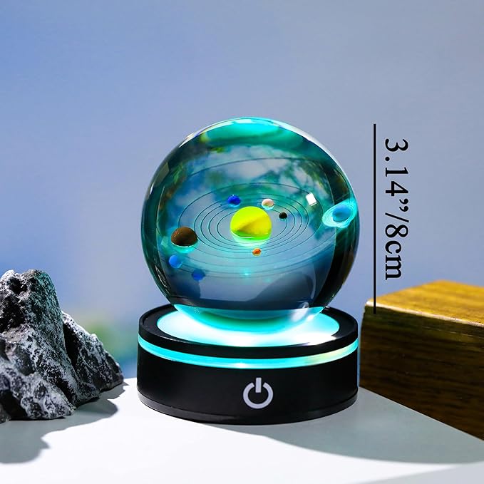 3d Solar System Model Crystal Ball Led Lamp Base - Space Decor World Globe Planets Sphere Night Light 80mm 3.15 Inch - Solar System Decor Best Birthday Astronomy Gifts For Men Physics Science Teacher
