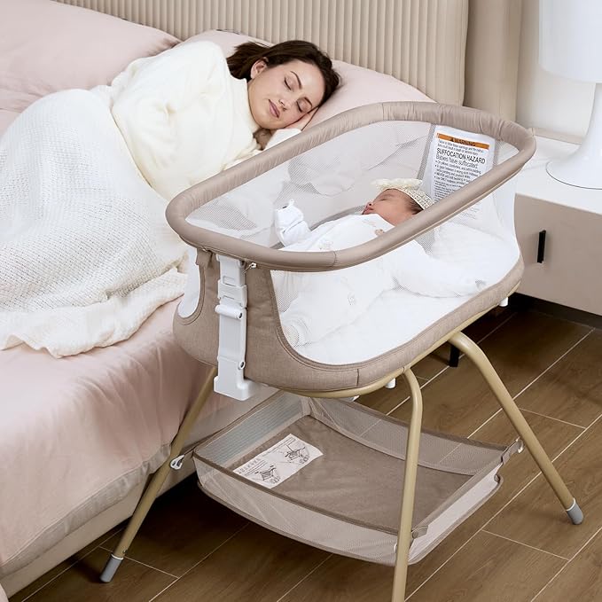 ANGELBLISS 3 in 1 Baby Bassinet, Rocking Bassinets Bedside Sleeper with Calming Motion, Portable Nest for Newborn Infant, Breathable Mesh (Khaki)