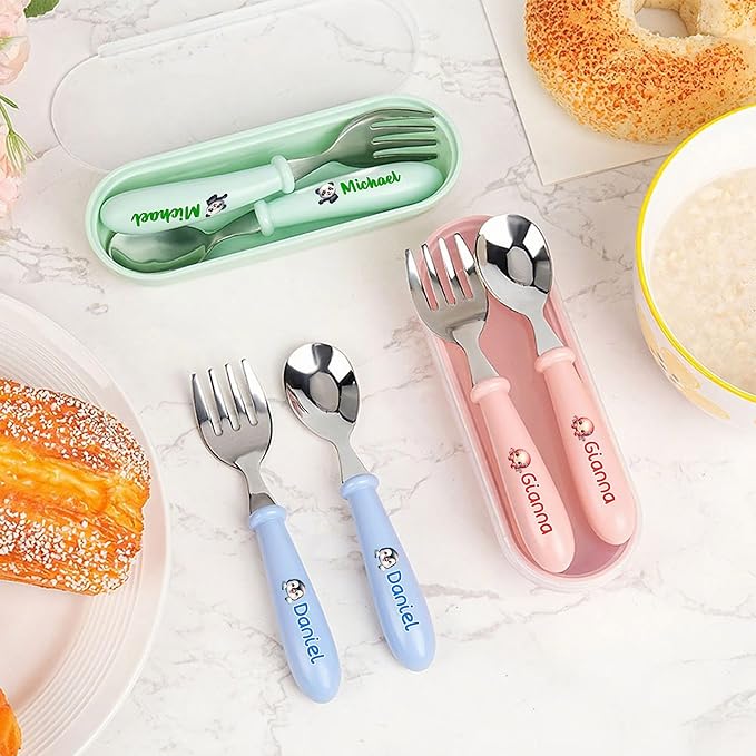 Personalized Kids Stainless Steel Utensil Set with Case, Custom Reusable Fork and Spoon Silverware Set with Name for Lunch Travel & Outdoors