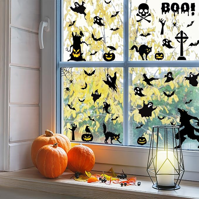 Halloween Window Clings Halloween Window Decals Double-Side Removable Stickers for Halloween Decorations with Ghost Bats Pumpkins Witch Tombstone Haunted House Halloween Window Stickers