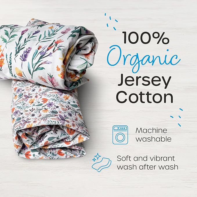 Quiggly Bassinet Sheets for Guava Lotus, 2 Pack Organic Cotton Jersey Knit, Vibrant Floral Patterns - Fits Travel Crib Mattresses for Boys & Girls (Bassinet, Wildflower Dreamin')