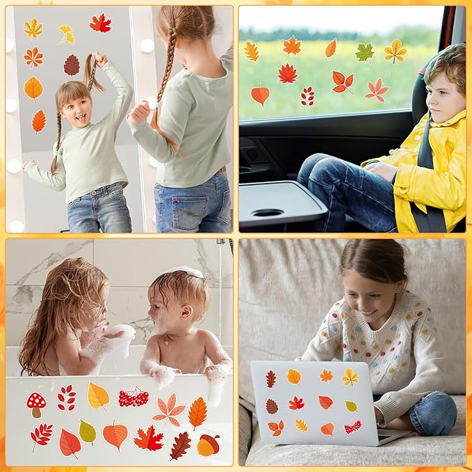 MARFOREVER 25 PCS Fall Window Gel Clings, Reusable Autumn Maple Leaves Thick Gel Clings Decals Thanksgiving Window Stickers for Kids Classroom Toddlers Home Party Supplies Window Glass Decorations