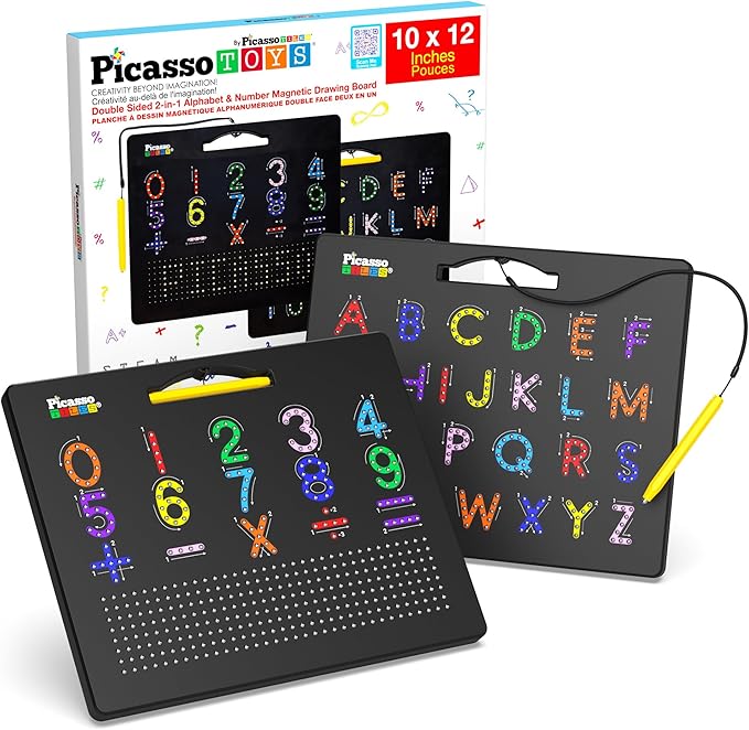 PicassoTiles 2in1 Magnetic Drawing Board Toy 12x10 In Large Magnet Bead Pad with Alphabet and Math Side in Black STEM Educational Writing Playboard Reusable Erasable Learning Tablet for Kids PTB02-BLK