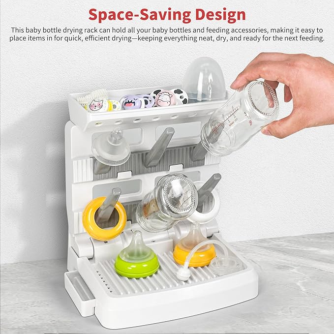 Baby Bottle Drying Rack for 6 Bottles, Vertical Cup Drying Holder, Space Saving Countertop Standing Bottle Dryer Rack for Baby Accessories & Pump Parts (Small White&Grey)
