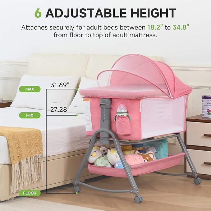Real Relax Baby Bassinet Bedside Sleeper, 3 in 1 Bedside Crib with 6 Adjustable Height and Mosquito Nets, Portable Bedside Bassinet for Baby with Wheels, Easy to Fold, Included Mattress, Pink