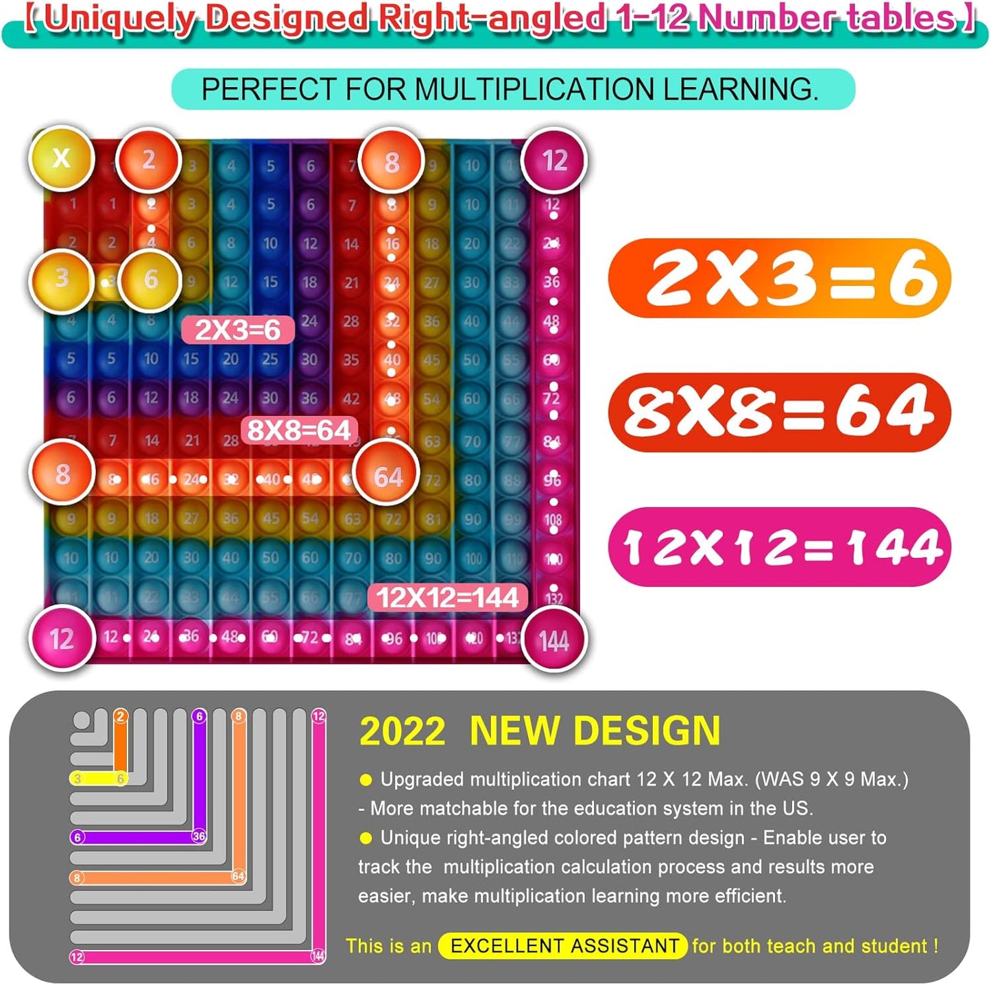 12 x 12 Multipication Games, Right-Angled Rainbow Square Math Toys 169bubbles Multiplication Pop for Teachers to Create Various Multiplication Formulas【with 1-12 Multiplication Tables】