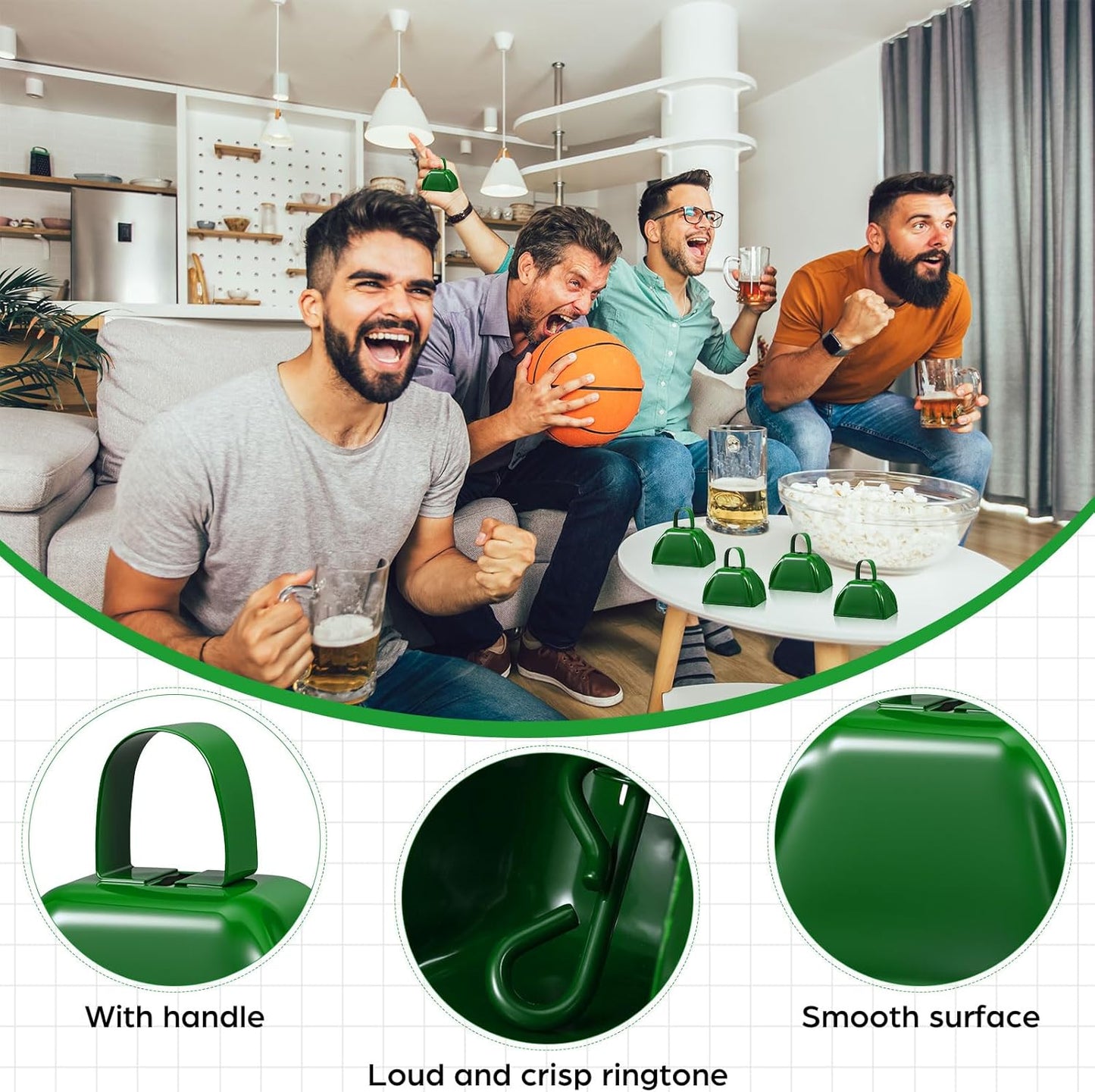 6 Pcs 3 Inch Metal Cowbells Noise Maker Hand Percussion Cow Bells with Handles for Sporting Events Cheering Noisemakers Weddings Team Spirit Sports Party Favors (Green)