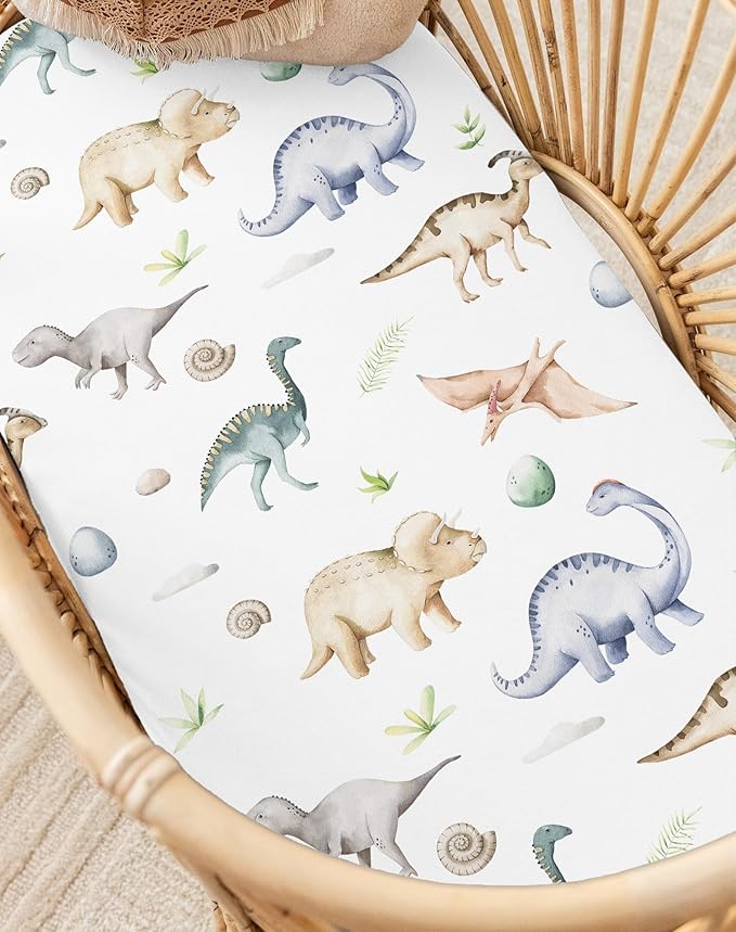 Bassinet Sheets for Baby Girls Boys 2 Pack, Fitted Baby Mattress Sheet for Rectangle, Oval, Hourglass Bassinet Mattress, Breathable Cozy & Universal Fit (Dino Pals)