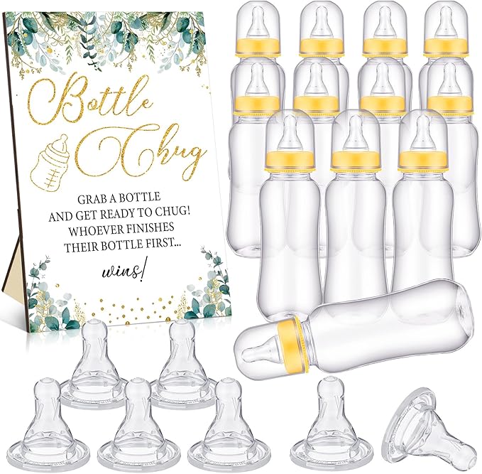 TrelaCo Greenery Cool Baby Shower Games Bottle Chug Sign Wooden Neutral Greenery Floral Gift Sets Gender Reveal Party Favors and 12 Pcs Baby Bottle Shower Favor for Games Gender Reveal