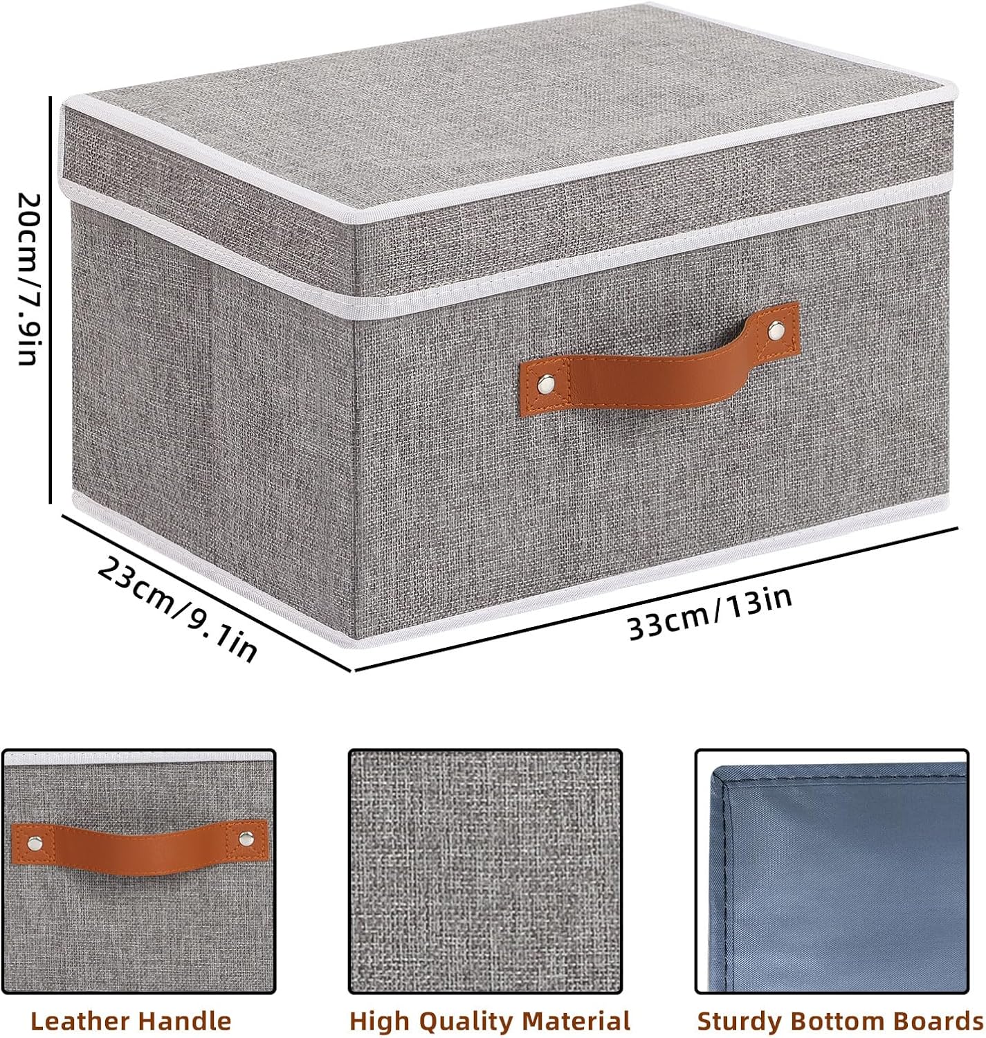 Fabric Storage Bins with Lids, Linen Foldable Clothes Boxes, Closet Organizer Containers with Double Handles, Baskets for Bedroom, Grey, 5 Pack, 13 x 9.1 x 7.9 Inch
