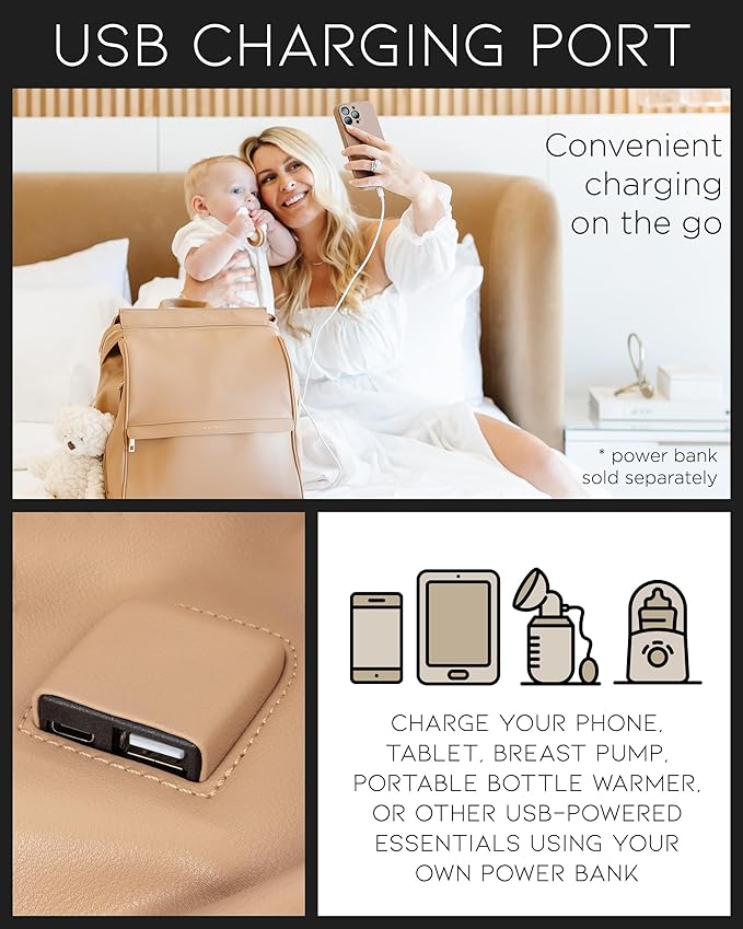 MIA + SOPHIA Leather Diaper Bag Backpack with USB Charging Port, Changing Pad, Stroller Straps, Bottle Holder (Brown Sophia)