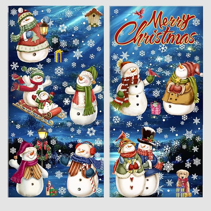 195 Pcs Christmas Window Clings Xmas Snowman Snowflake Window Decoration Large-Size Double-Side | Reusable Snowflake Window Stickers for Xmas Decorations Party Home Decor