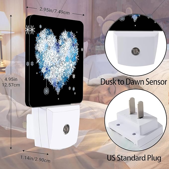 Winter Art Hearts Dusk to Dawn Night Light, Auto Sensor Lamp Home Indoor Stairway Kitchen Corridor, Night Lights Plug into Wall Decor, Boys Girls Women Men Room Gifts