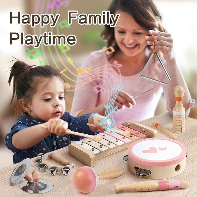 Musical Instruments for Girls - Toys for 2 3 Year Old Girl Birthday Gifts - 8 in 1 Wooden Montessori Musical Set with Xylophone/Tambourine/Maracas/Flute for Toddler 2-4(Pink)