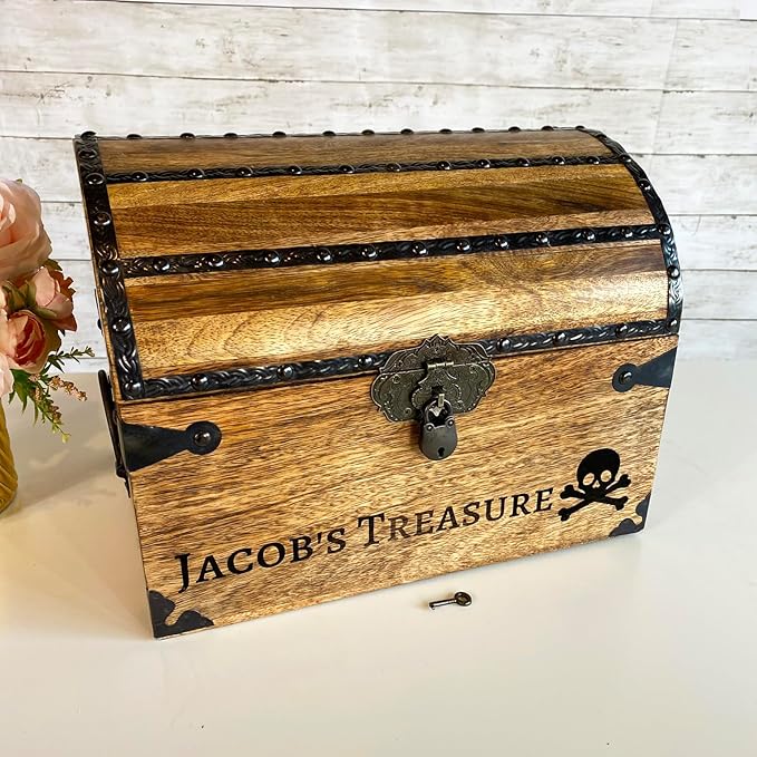 Nautical Cove Personalized Wood Treasure Chest - Pirate Chest with Custom Engraving (Large 13x10x10) – Decorative Storage, Treasure Box, Wooden Keepsake Box