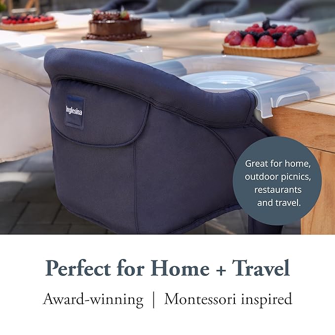 Inglesina Fast Table Chair, Navy - Portable Baby High Chair - for Babies & Toddlers up to 37 lbs - Collapsible Design - Fits Tables 0.8'' to 3.5'' Thick - Compact & Easy to Use - Travel Bag Included
