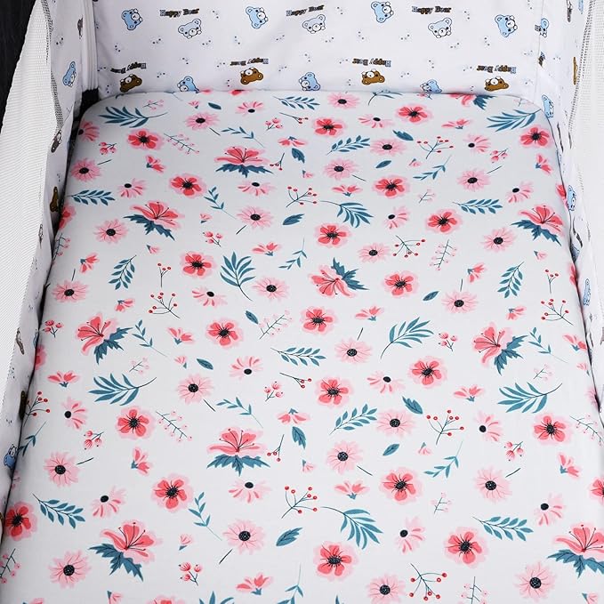 Bassinet Sheet Set 2 Pack Snug Fitted Cradle Fitted Sheets, Stretchy Ultra Soft, for Oval Rectangle Hourglass Bassinet Mattress, Unisex Boy Girl, Floral & Pink