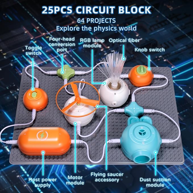 Circuits Science Kit for Kids Ages 3-12 | 64 STEM Projects with 25 Electronic Parts | No Soldering, Kids Circuit Board Kit with Fan, RGB Lights| Educational STEM Toy Gift for Boys & Girls 6-8