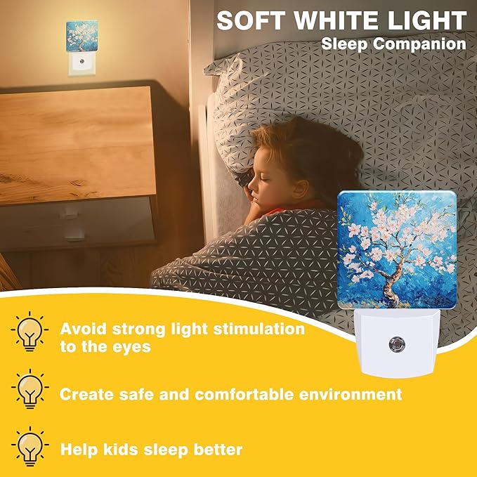 Night Light Blossoming Almond Tree Night Lights Plug into Wall Smart Dusk to Dawn Sensor 0.5W Energy Efficient Led Lamp for Men Women Bedroom Bathroom Hallway Stairway Decor