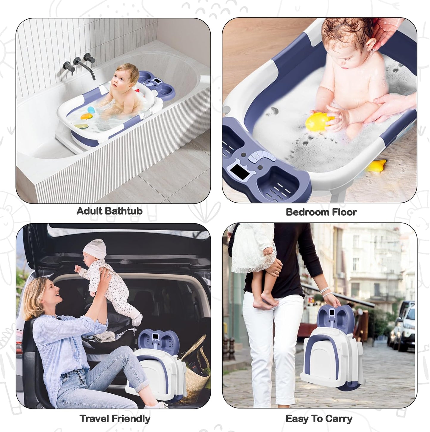 Collapsible Baby Bathtub,Baby Bath Tub with Soft Cushion & Thermometer,Baby Bathtub Newborn to Toddler 0-36 Months,Portable Travel Baby Tub