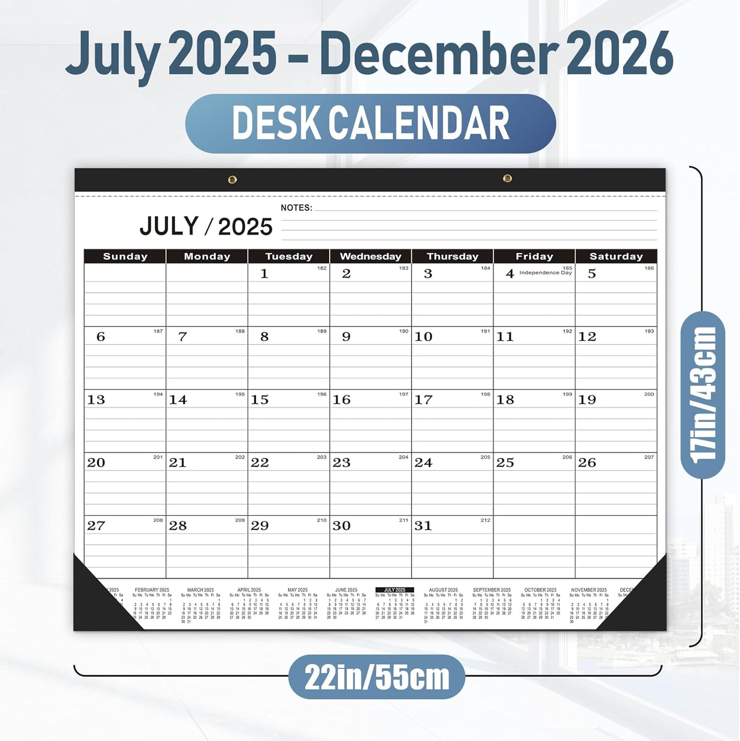Desk Calendar 2025-2026,July 2025 to December 2026,Desk calendar 2025-2026 Large 22x17, Classroom Calendar 2026 with PVC Cover,Round Holes& NOTES List (Black),18 Months Calender 2026