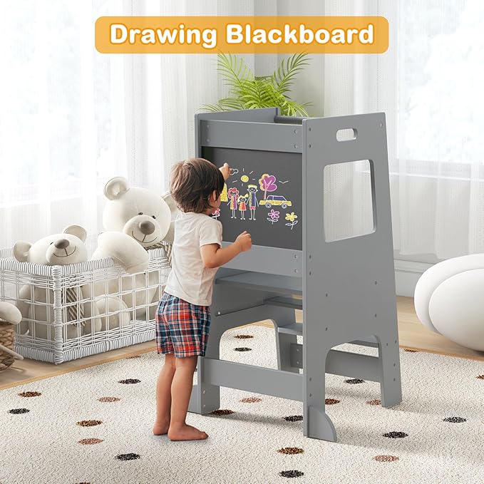 INFANS Toddler Standing Tower, Kids Montessori Kitchen Step Stool Helper with 2 Adjustable Height Learning Blackboard Safety Rail Wooden, Anti-Slip Mats, 1-3 Year Old Boy Girl Gifts (Grey)