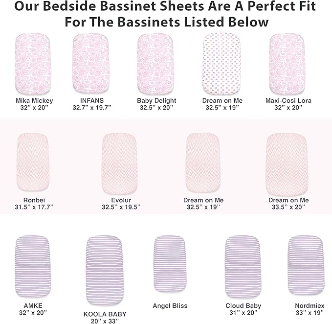 5 Pack Organic Bedside Bassinet Sheets Compatible with Mika Micky, Baby Delight, Dream On Me, AMKE and Other Bassinet Mattress Pads Size Between 17-21 in Width, 29-33 in Length, and 1.5-4 in Thick