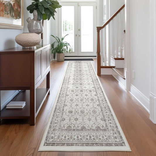 jinchan Hallway Runner Rug 3x7 - Machine Washable Beige Vintage Floral Distressed Design Soft Non-Slip Low-Pile Ultra-Thin Runner Rug for Kitchen Laundry Room Bedroom Farmhouse (3‘x7',Beige)