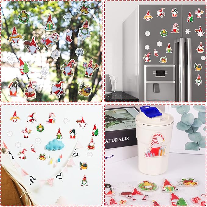 20 Pieces Christmas Thick Gel Clings Christmas Gnome Window Gel Clings Decals Stickers for Toddlers Kids Adults Home Airplane Classroom Nursery Christmas Party Supplies Decoration Removable and