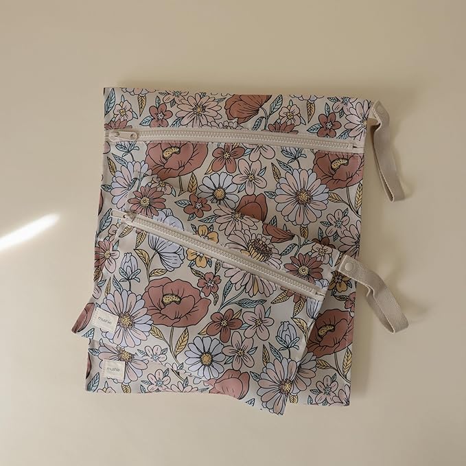 mushie Water Resistant Wet Bags | Large & Small Reusable Storage Bag for Baby Items and Travel | Zippered Pockets with Handle | Machine Washable, Set of 2 (Retro Flowers)