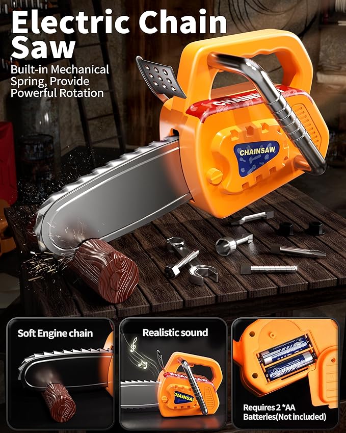 Deejoy 54Pcs Large Kids Tool Set with Electric Saw & Electronic Toy Drill, Pretend Play Kids Construction Set for Toddler 3-5 Years Old, Toddler Boy Toys-Orange