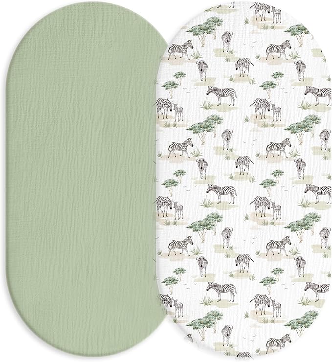 Muslin Bassinet Fitted Sheets, 2 Pack for Baby Boy and Girl, Soft Breathable Baby Pad/Mattress Sheet, Fit for Hourglass Oval and Rectangle Bassinet Mattress (Cute Zebra, Bassinet Sheets 2 Pack)