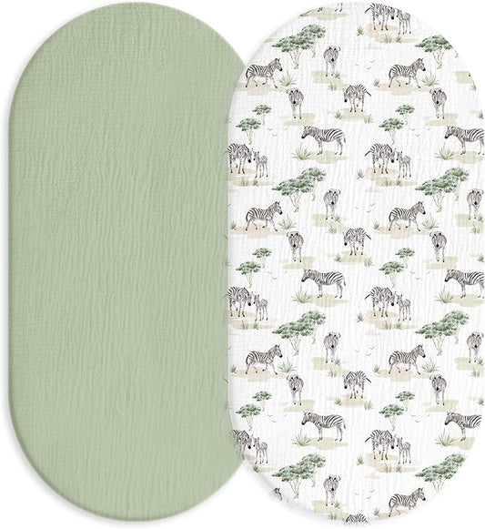 Muslin Bassinet Fitted Sheets, 2 Pack for Baby Boy and Girl, Soft Breathable Baby Pad/Mattress Sheet, Fit for Hourglass Oval and Rectangle Bassinet Mattress (Cute Zebra, Bassinet Sheets 2 Pack)