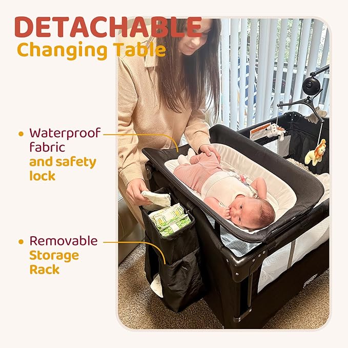 HARPPA Pack and Play 5 in 1, Portable Baby Playard for Travel, Baby Bassinet Bedside Sleeper with Mattress, Rolling Bassinet for Infant, Pack n Play with Changing Table, Bed Crib(Black)