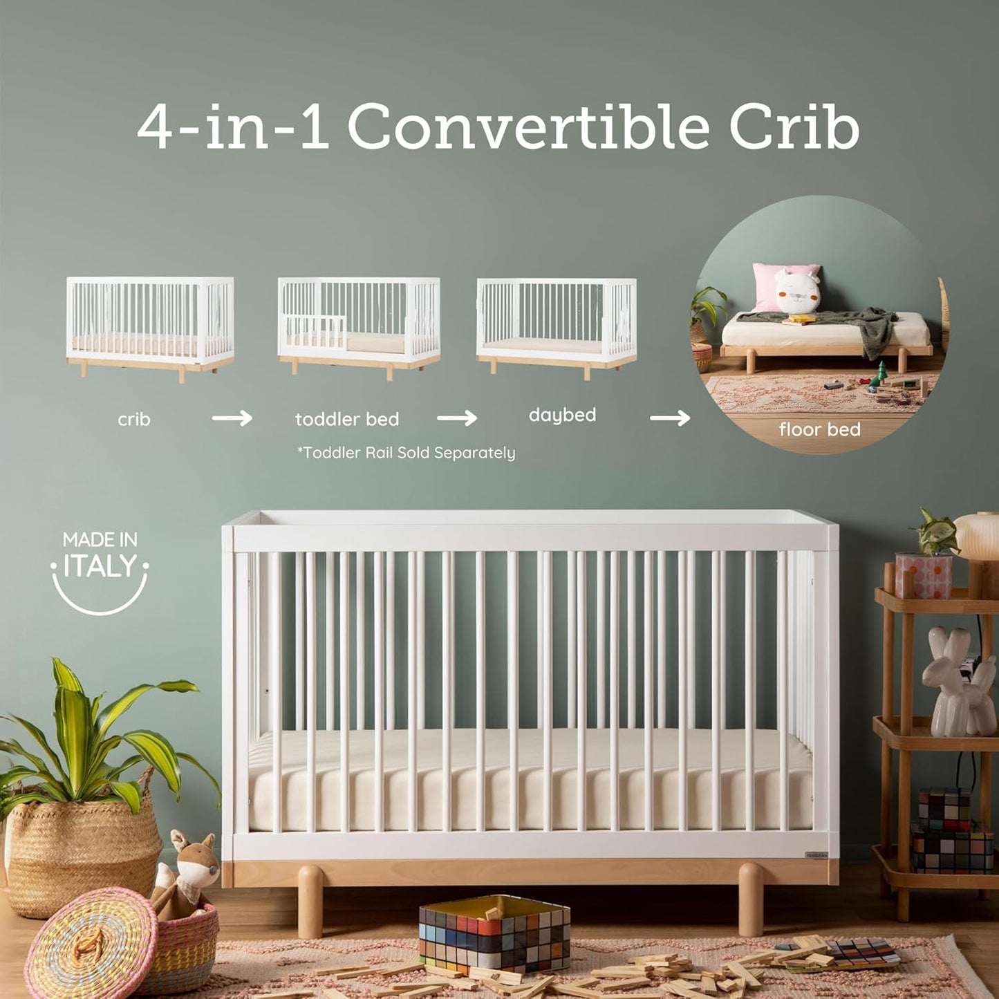 dadada Baby Bliss 4 in 1 Convertible Crib to Toddler Bed & Floor Bed – Made in Italy, GREENGUARD Gold Certified, Baby-Safe Finish, Sustainable Beech Wood, Modern Design (White and Natural)