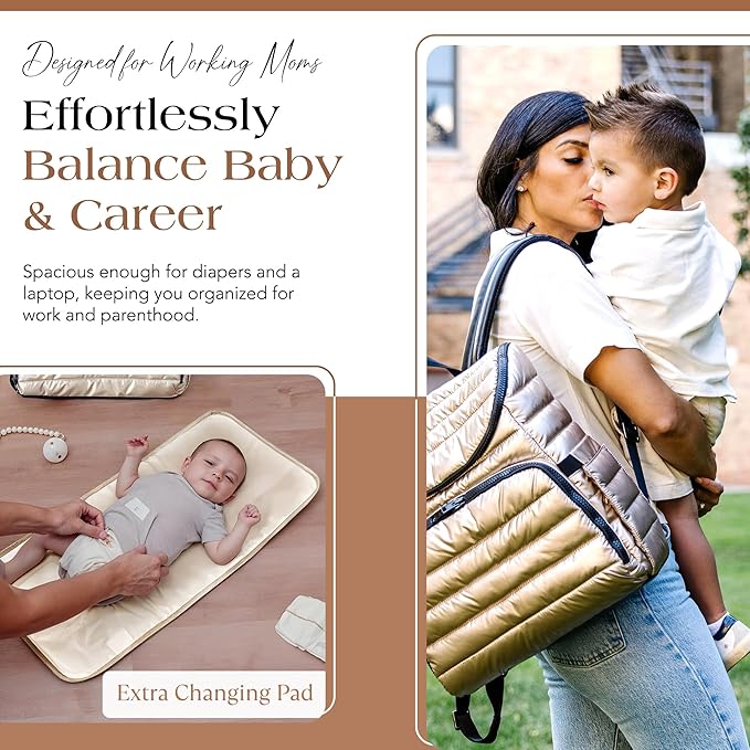 Citi Collective Gallery Diaper Bag Backpack - Casual Day-to-Day Backpack Fits 15" Laptop - Travel Bag with Multiple Compartments, Pockets, Portable Changing Pad, and Shoulder Strap-Gold