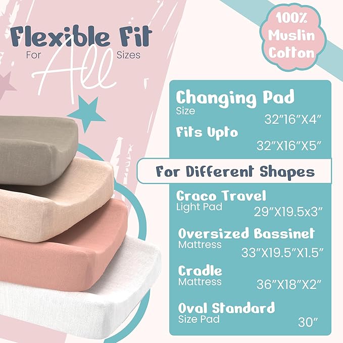 100% Muslin Changing Pad Cover Ultra Soft 120GSM Baby Changing Pad Covers for Girls and Boys - Easy wash Diaper Changing pad Cover with Low Shrinkage (4 Pack - White/Beige/Sand/Greish)