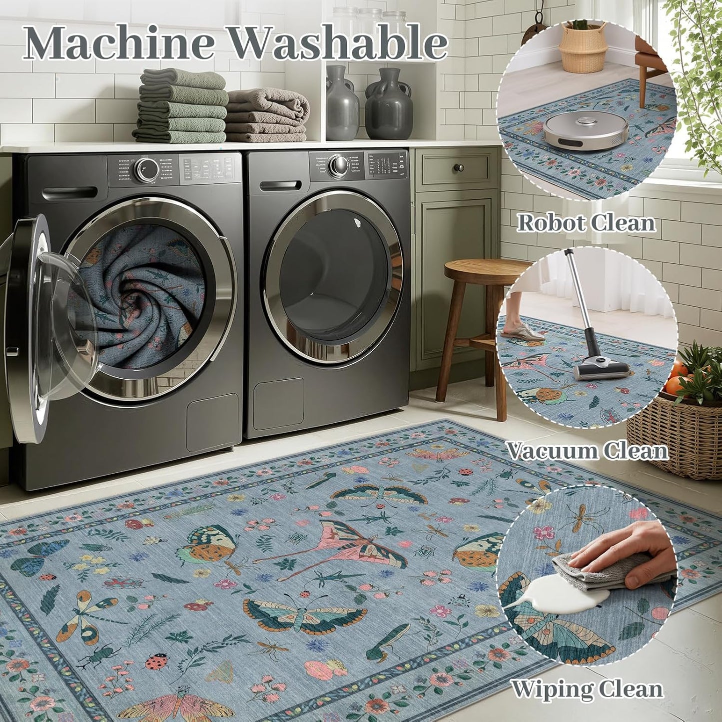 6x9 Rugs for Living Room with Insect Print - Bug Rug Non-Silp Stain Resistant Soft Carpet for Bedroom, Low Pile Ultra-Thin Machine Washable Carpet for Dining Room, Kids Nursery, Office (6'x6' Blue)