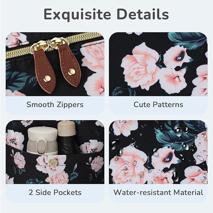 Diaper Bag Tote, Baby Bag Travel Diaper Tote Bag with Pacifier Case, Cute Maternity Hospital Baby Stylish Diaper Tote for Mom Dad Medium Size, Black Pink Floral