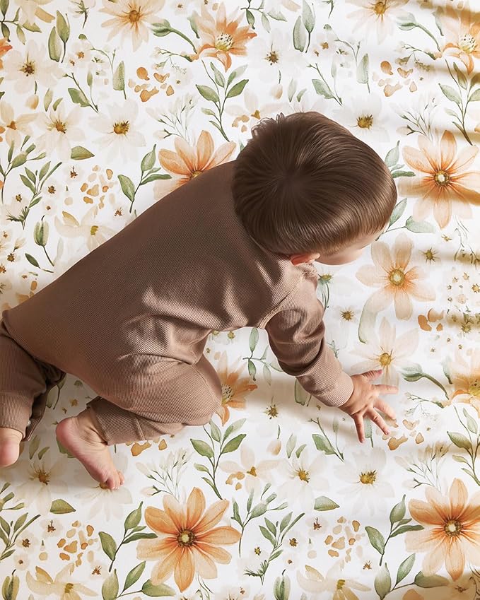 Baby Crib Sheets for Boys Girls, 28x52x8in Fitted Crib Sheet Neutral 3 Pack for Standard Crib and Toddler Mattress, Breathable Soft Microfiber Baby Sheet Orange Flowers & Plaid