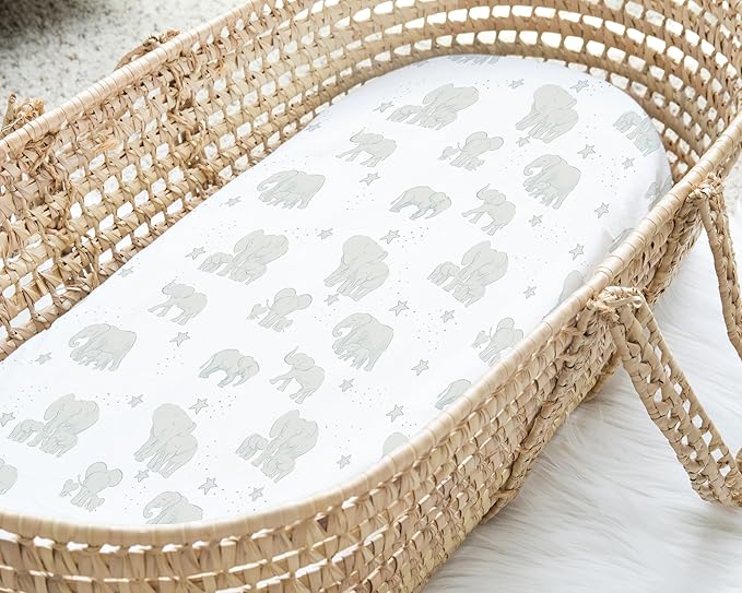 Baby Bassinet Sheets for Boy, Girl (Watercolor Elephants) 2-Pack - Fitted Bedside Bassinet Sheets - Buttery Soft Cotton Blend for Standard Mattress Pad - Compatible with Halo BassiNest