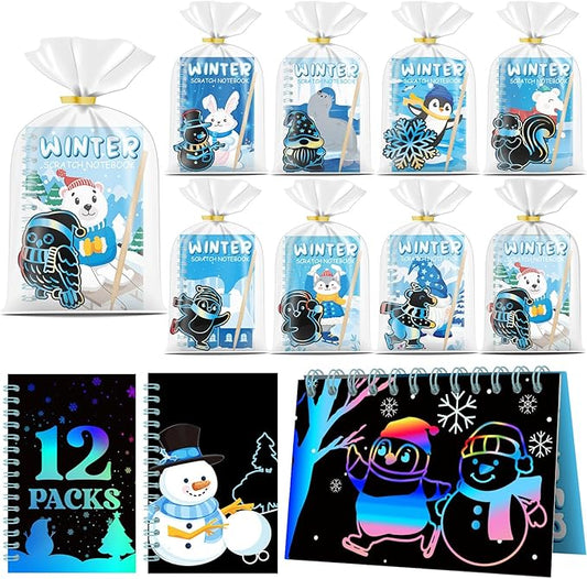 12 Pack Winter Scratch Art Party Favors for Kids - Rainbow Scratch Paper Snowflake Penguin Scratch Off Cards Frozen Birthday Goodie Bags Stuffers - Return Christmas Gifts DIY Classroom Prizes