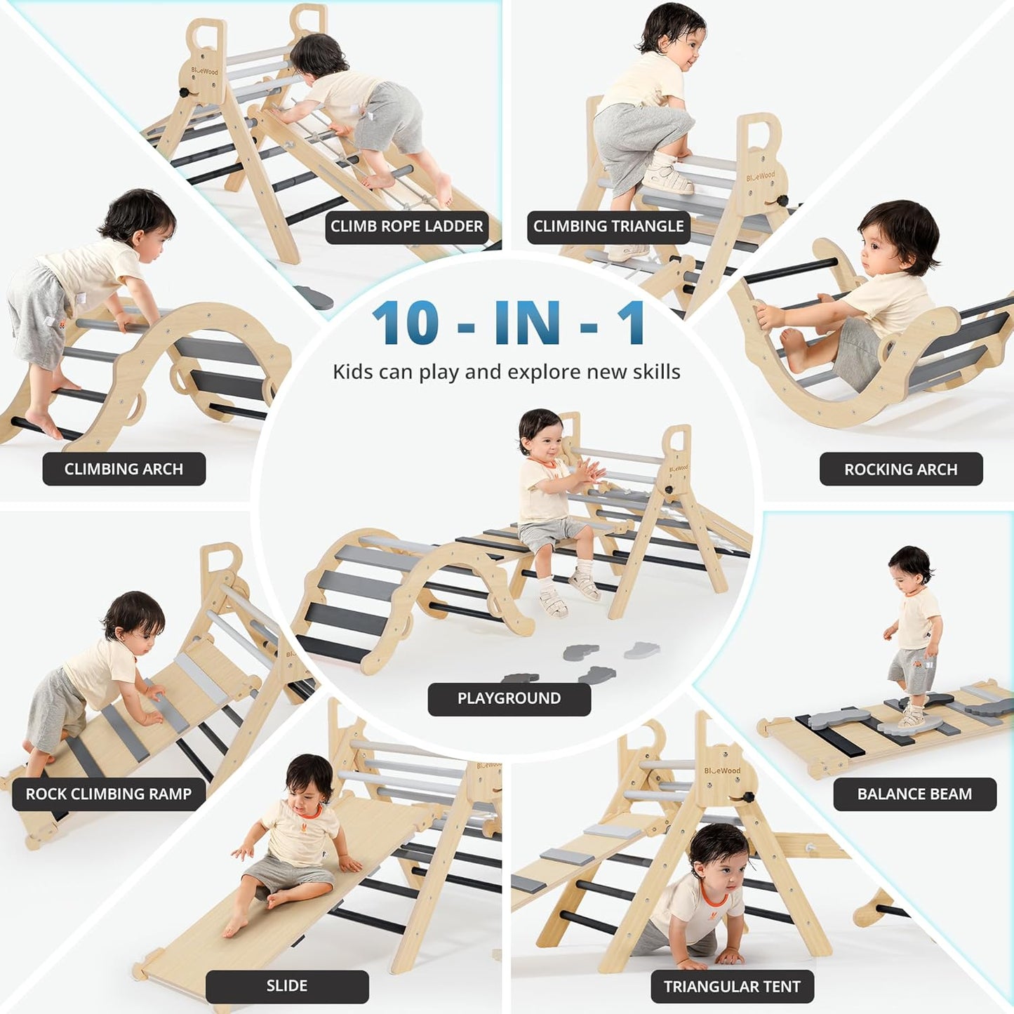 BlueWood 10-in-1 Pikler Triangle Set, Toddler Climbing Toys Indoor, Montessori Climber, Baby Jungle Gyms with Arch, Extra Rope Ladder & Footprint Balance Beam - Grey Twilight