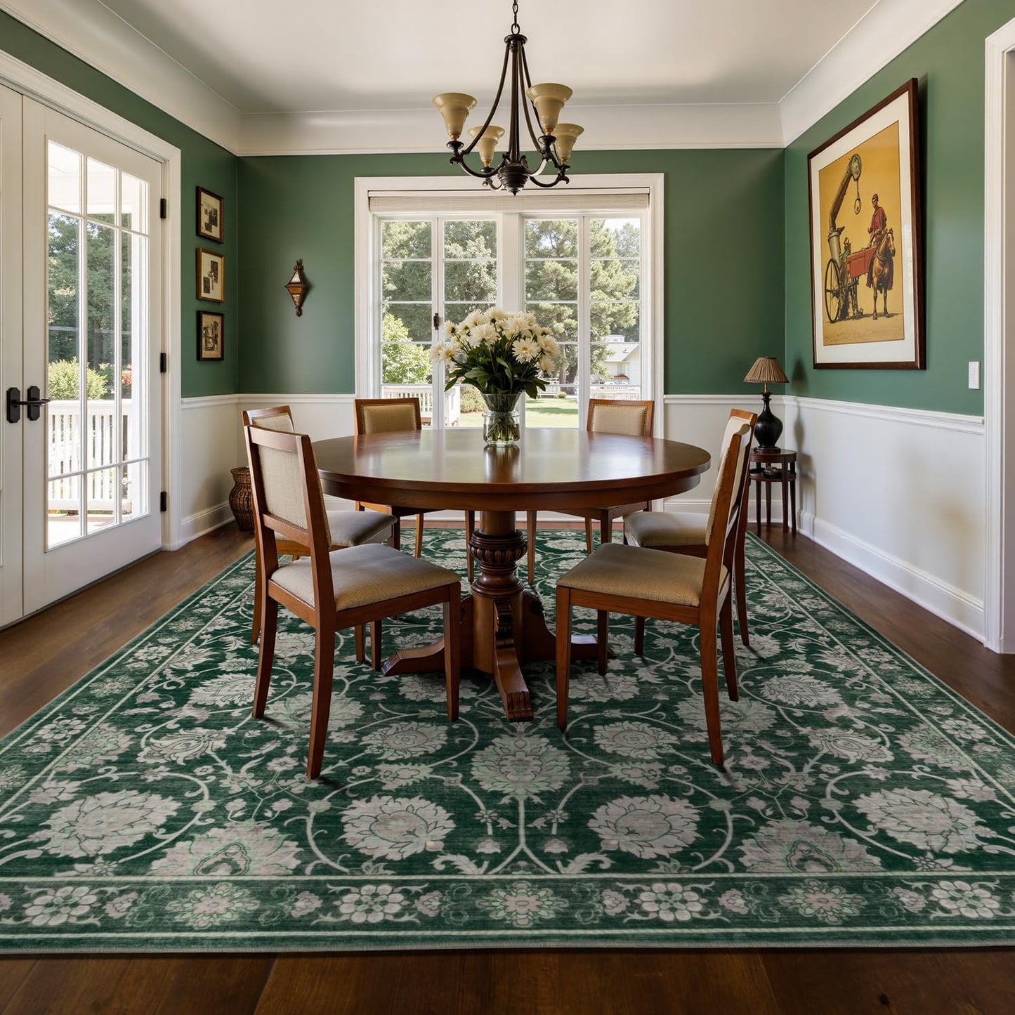 Floral 9x12 Area Rugs for Living Room, Washable Large Rug, Vintage Soft Carpet, Non Slip & Low Pile, Wool Carpets for Indoor Bedroom Dining Home Playroom Office Under Table, Dark Green