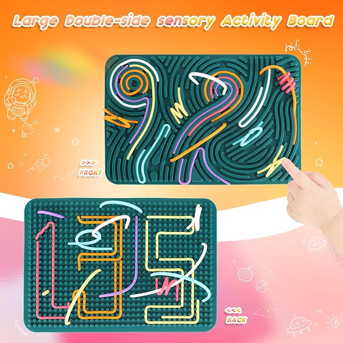Extra Large Sensory Activity Board, 11.6"*7.87" Upgraded Double Sided Silicone Fidget Toy for Calming, Stress, Anxiety, ADHD & Autism, Sensory Toys for Kids 3+ & Adults with Travel Bag & 40 Strings
