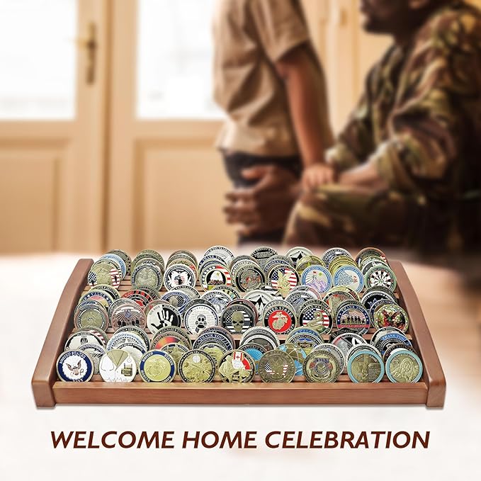 12 Rows Solid Wood Military Challenge Coin Display Stand Holds 90-100 Coins Army Coin Holder Display Police Coin Rack for Countertop, Walnut