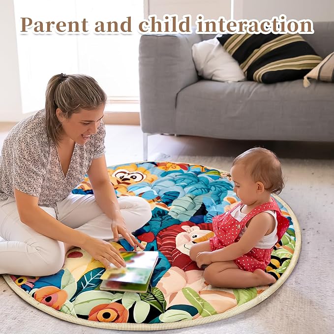 Baby Play Mat Round for Floor, GFU Non-Slip 40x40 Round Mat, Thick One-Piece Crawling Mat Animals, Infants Playmat Foldable and Machine Washable for Boys and Girls