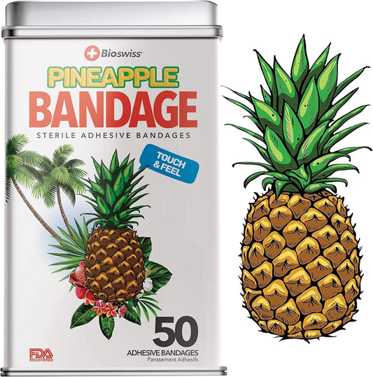 BioSwiss Bandages, Pineapple Shaped Self Adhesive Bandage, Latex Free Sterile Wound Care, Fun First Aid Kit Supplies for Kids, 50 Count